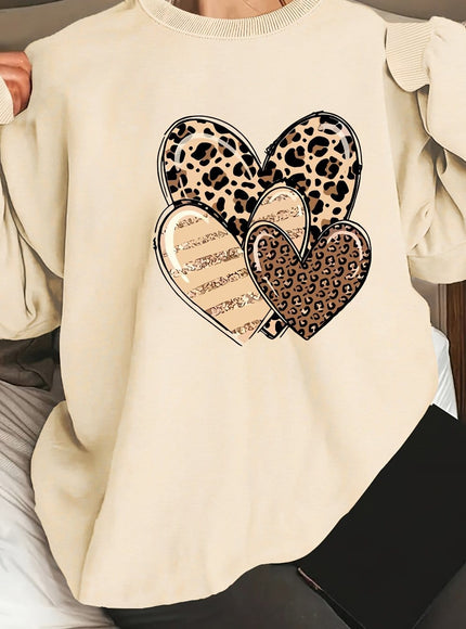 jkthpu-45 Apricot / UK 16 Fashionable Round-Neck Sweatshirt with Leopard Print And Heart