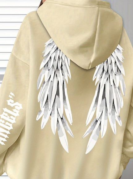 jkthpu-45 Apricot / UK 16 Plus Size Angel Wings Print Hoodie - Soft