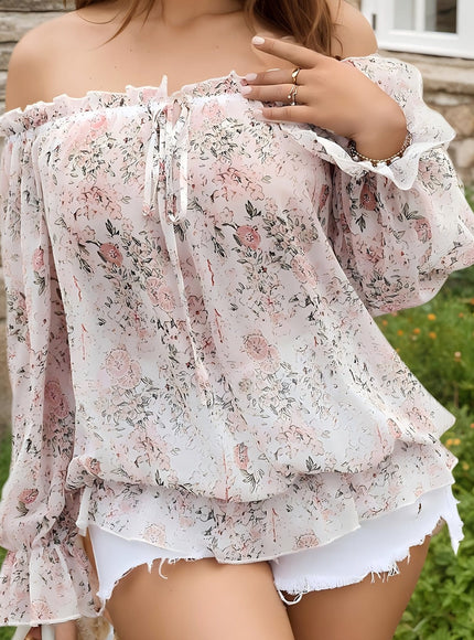 jkthpu-45 Apricot / UK 16 Plus Size - Plus Size Floral Print Blouse