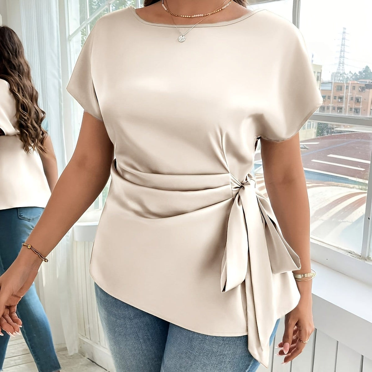 jkthpu-45 Apricot / UK 16 Plus Size - Plus Size - Plus Size - Women'S Elegant Satin Blouse with Bow Detail - Short Sleeve, Round Neck, Light Green, Perfect for Business Casual, Summer Outings, and Vacation Wear, Vacation Attire | Elegant Blouse | Satin Finish, Elegant Blouse For C