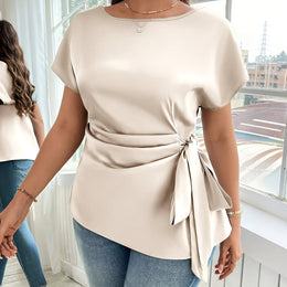 jkthpu-45 Apricot / UK 16 Plus Size - Plus Size - Plus Size - Women'S Elegant Satin Blouse with Bow Detail - Short Sleeve, Round Neck, Light Green, Perfect for Business Casual, Summer Outings, and Vacation Wear, Vacation Attire | Elegant Blouse | Satin Finish, Elegant Blouse For C