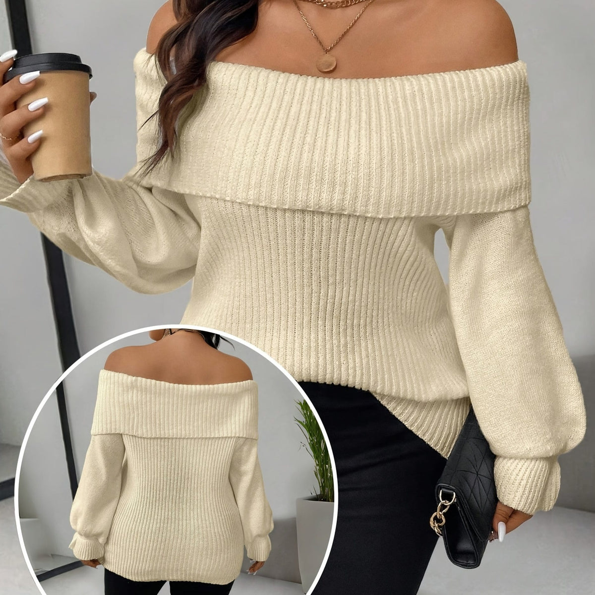 jkthpu-45 Apricot / UK 16 Plus Size - Women'S Chic Off-Shoulder Sweater -