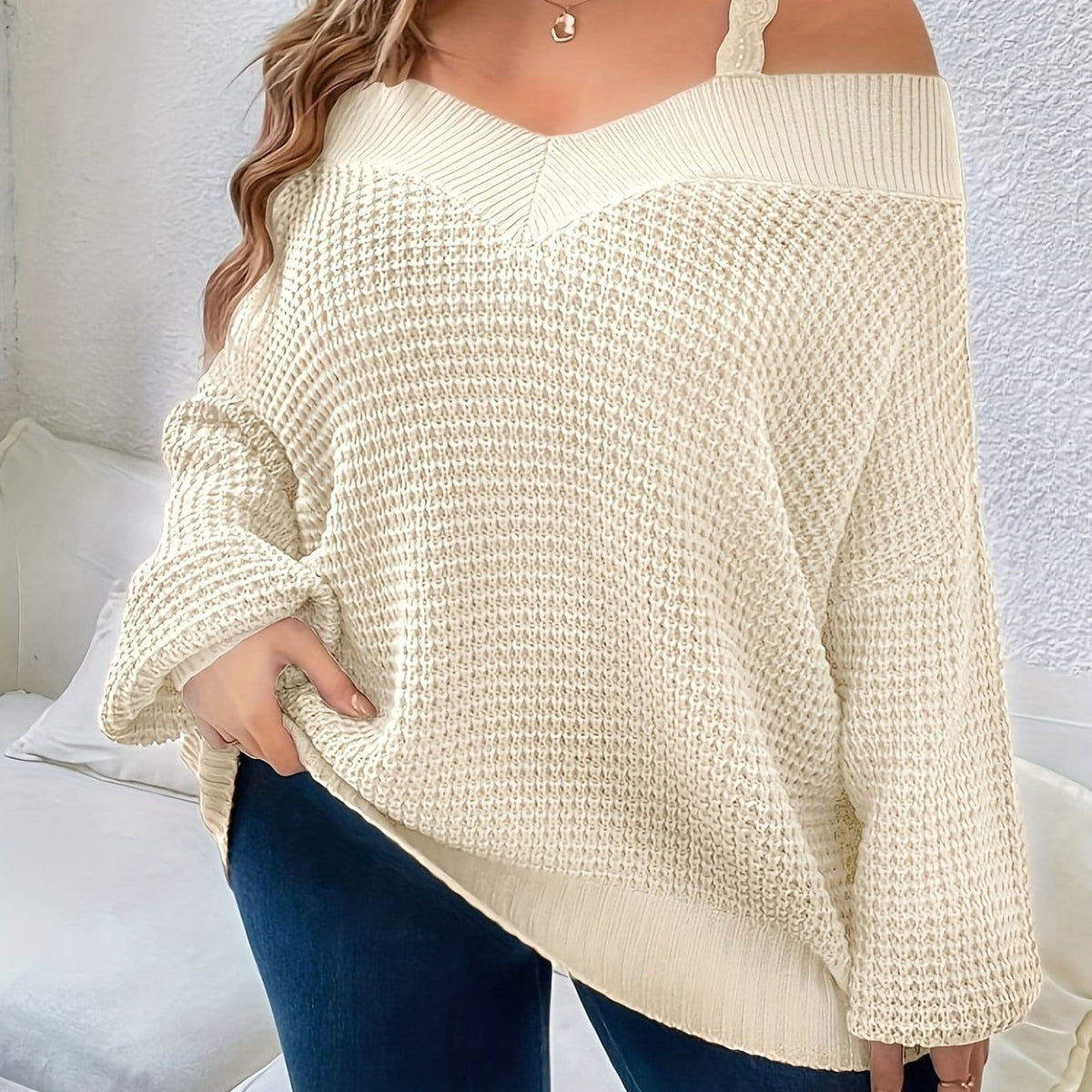 jkthpu-45 Apricot / UK 16 Women'S Cozy Off-Shoulder Sweater - Beige Knit Pullover
