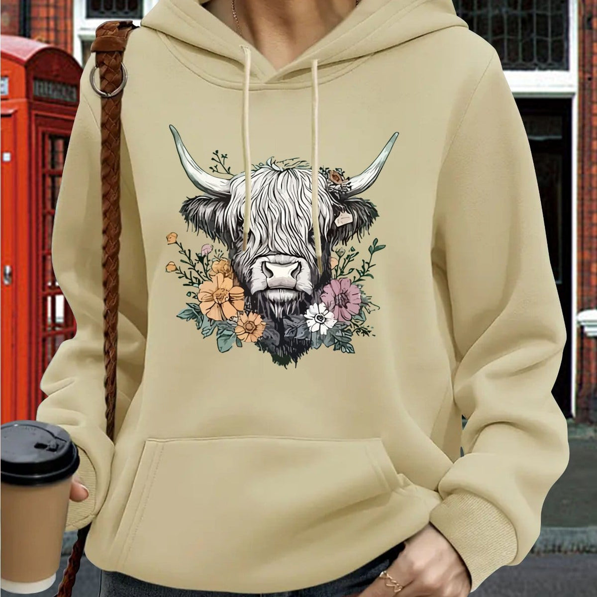 jkthpu-45 Apricot / UK 16 Women's Oversized Hoodie with Highland Cow Floral Graphic