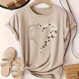 KissICON Apricot / UK 18 Plus Size Heart Print T-Shirt, Casual Crew Neck Short Sleeve T-Shirt, Women's Plus Size Clothing
