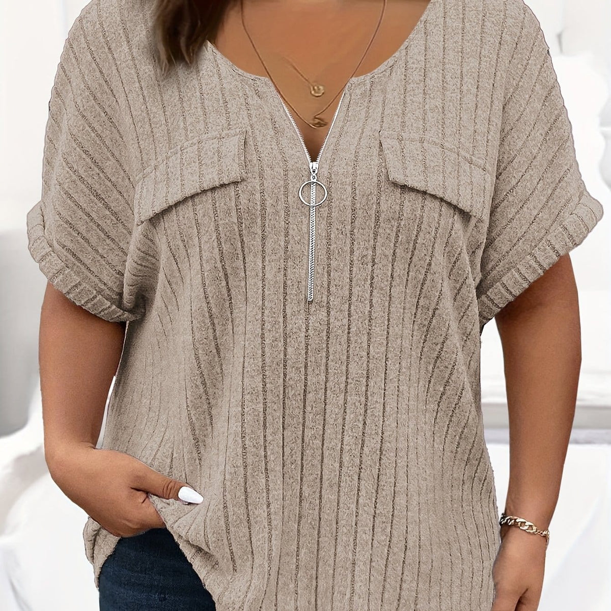 KissICON Apricot / UK 18 [Plus Size T-Shirt] Elegant Plus Size Women's Short-Sleeve T-Shirt | with Zipper Pockets And a Loose, Comfortable Fit, for Spring And Summer