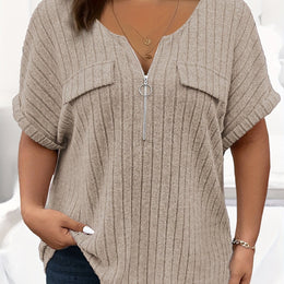 KissICON Apricot / UK 18 [Plus Size T-Shirt] Elegant Plus Size Women's Short-Sleeve T-Shirt | with Zipper Pockets And a Loose, Comfortable Fit, for Spring And Summer