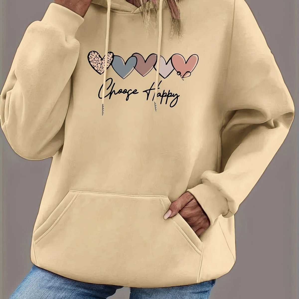 jkthpu-45 Apricot / UK 18 Women'S Plus Size Black Hoodie with "Choose Happy"