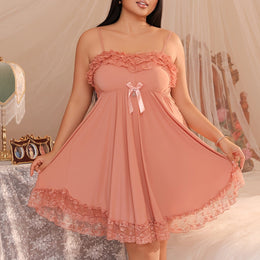 jkthpu-45 Apricot / UK 18 Women's Sexy Red Lace Nightgown – V-Neck Tie Waist Sleepwear