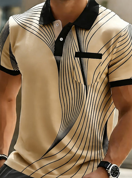 KissICON Apricot / UK 38 Dynamic Line Print Mens Modern ShortSleeve Polo