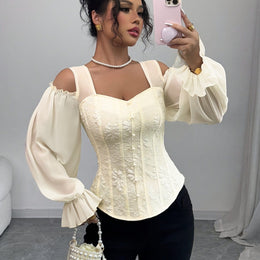 jkthpu-45 Apricot / UK 8 Elegant Off-Shoulder Floral Jacquard Blouse with Lantern Sleeves - Square Neck, Machine Washable, Non-Sheer - Perfect for Spring & Fall, Women's Fashion Top, Floral Print Blouse