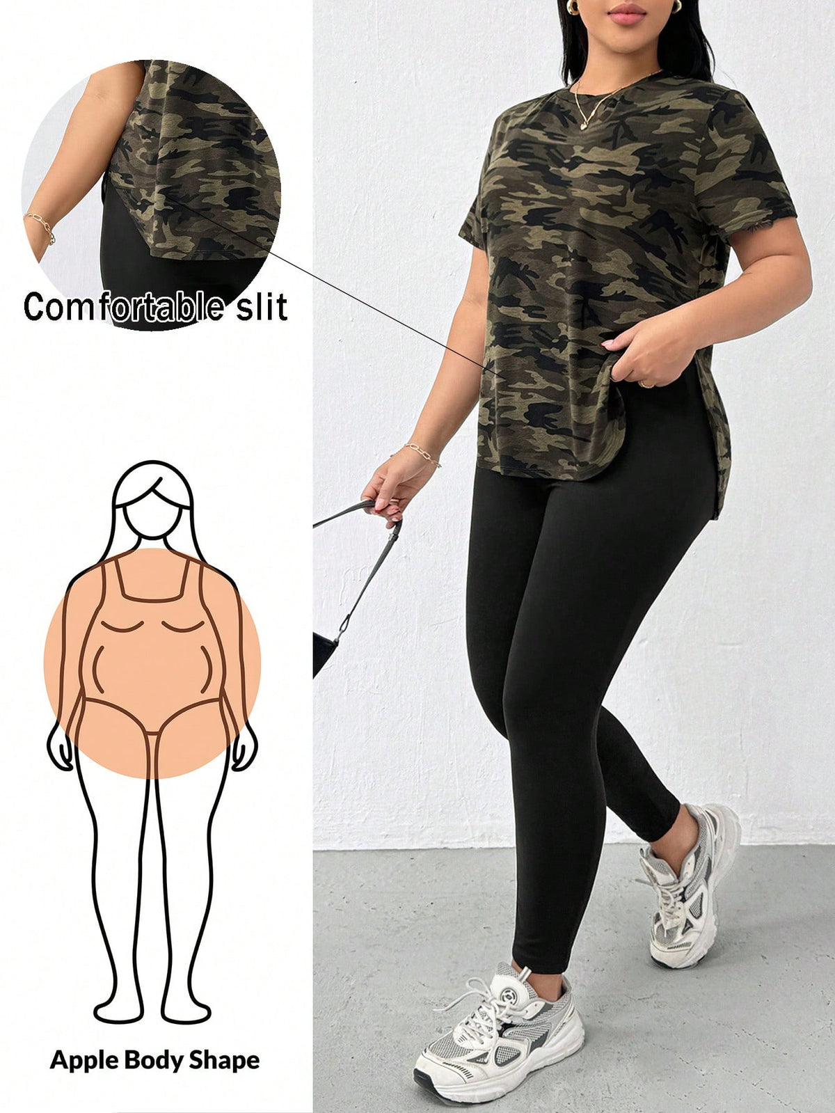 CURVE Army Green / 0XL Casual Sports Short-Sleeved T-Shirt And Leggings Two Pieces Set