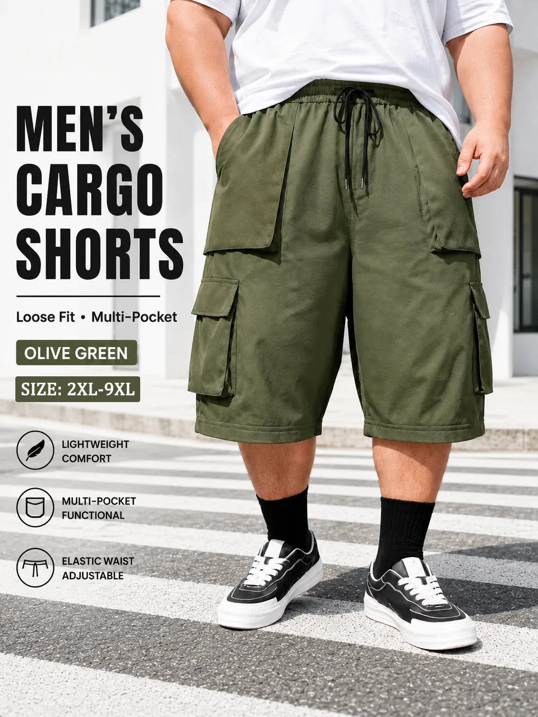 KissICON army green / 8XL Comfortable Plus Size Mens Casual Workwear Shorts with Pockets