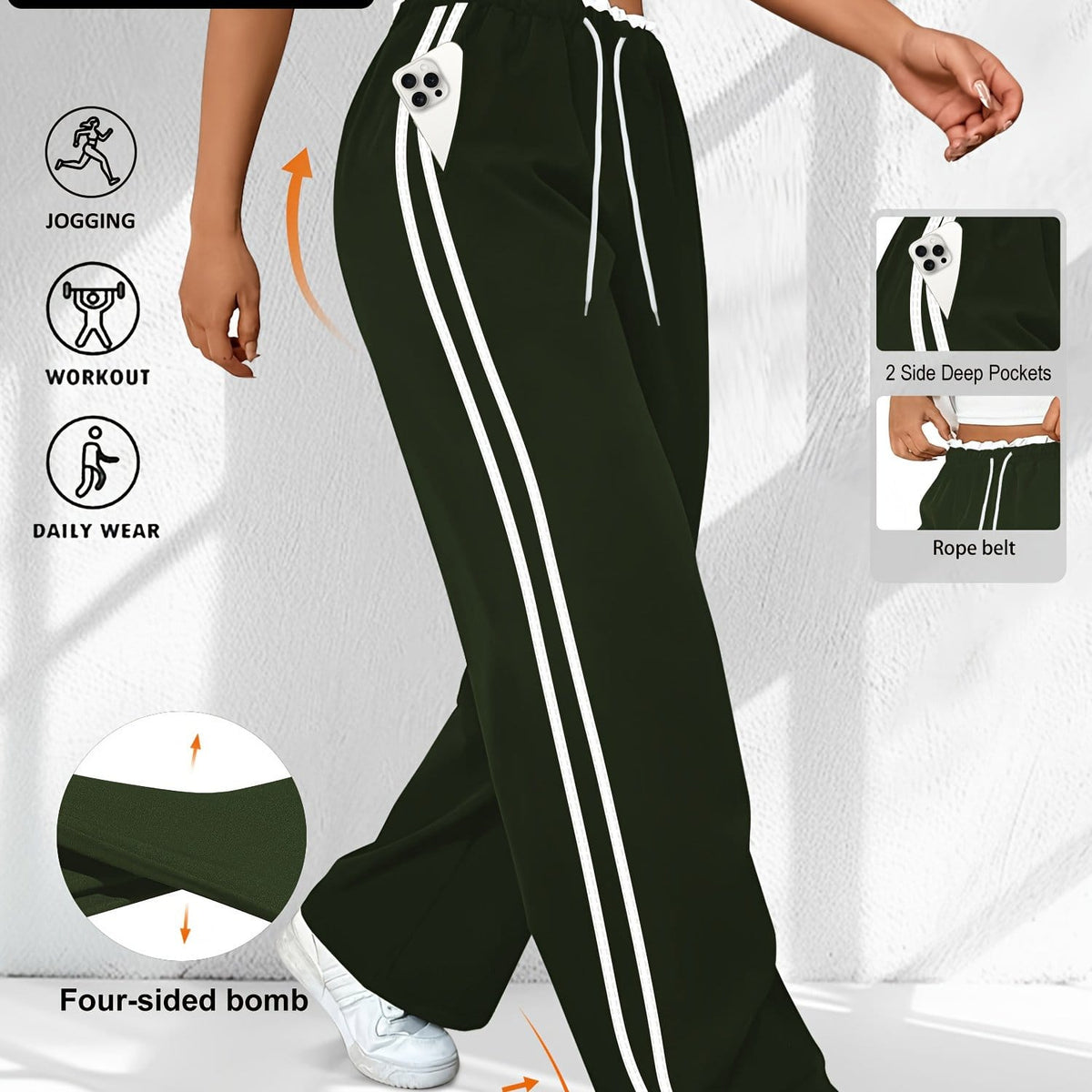 jkthpu-45 Army Green / UK 16 Plus Size High Stretch Straight Leg Trousers with Side Stripe – 6 Colours