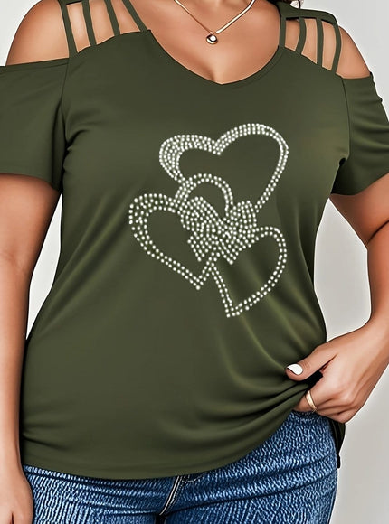 jkthpu-45 Army Green / UK 16 Plus Size, Plus Size Women's Rhinestone-Embellished Heart Design