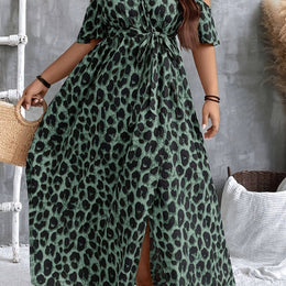 jkthpu-45 Army Green / UK 16 Plus Size Women's Leopard Print Elegant Fitted Midi Dress - Spaghetti Strap, Machine Washable, All-Season Versatile for Casual & Formal Wear, Formal Attire, Simple Elegance, Flowing Skirt Style