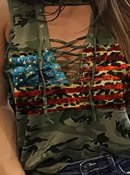 jkthpu-45 Army Green / UK 16 Plus Size, Women's New Flag Camouflage Sleeveless Top