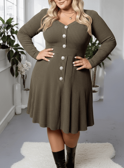 jkthpu-45 Army Green / UK 18 Elegant Plus Size VNeck Stretch FallWinter Dress