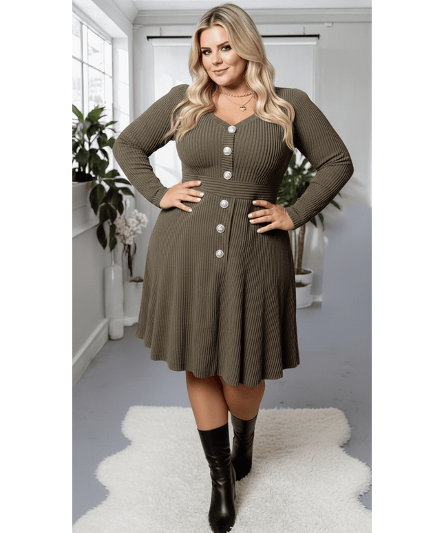 jkthpu-45 Army Green / UK 18 Elegant Plus Size VNeck Stretch FallWinter Dress