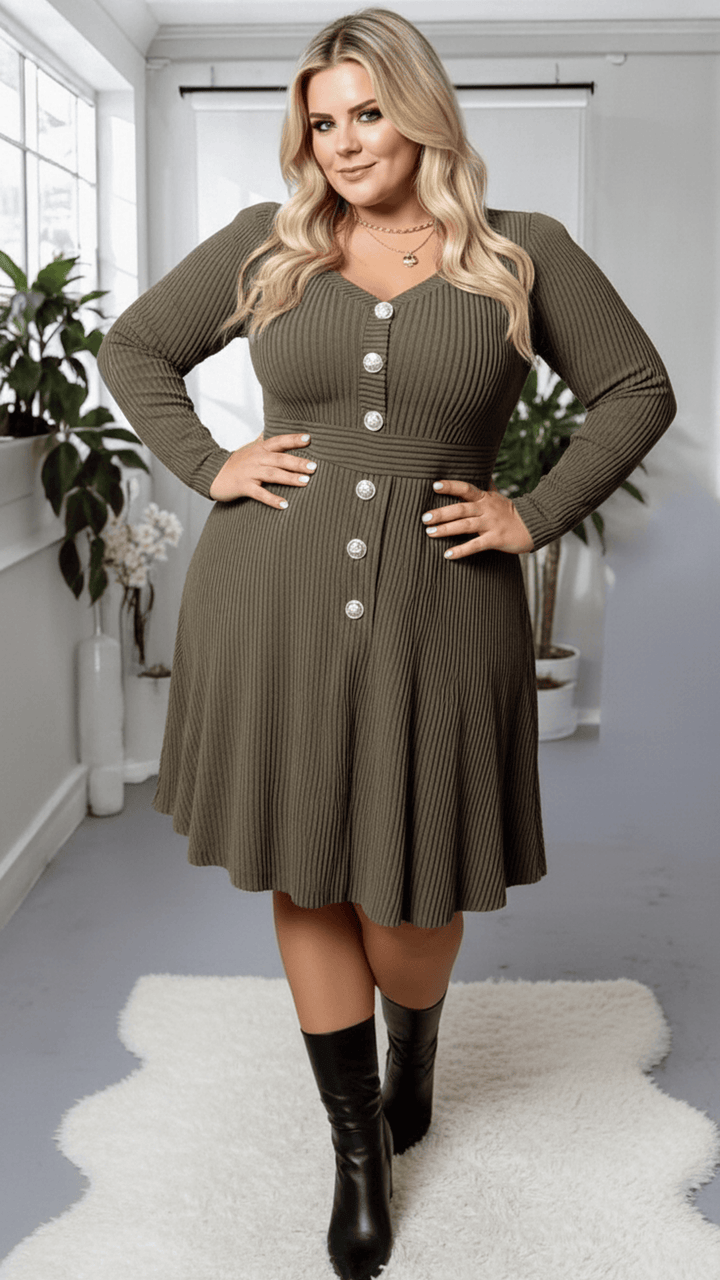Elegant Plus Size VNeck Stretch FallWinter Dress
