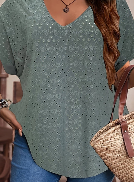 KissICON Army Green / UK 18 Ladies Plus Size V-Neck Batwing Sleeve T-Shirt, Hollow Out Floral Pattern, for Women