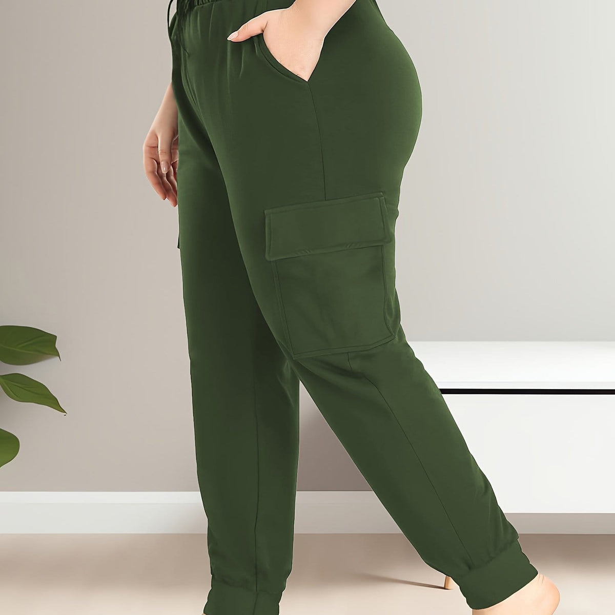 jkthpu-45 Army Green / UK 18 [Plus Size Cargo Pants] Stretchy Plus Size High-Waist