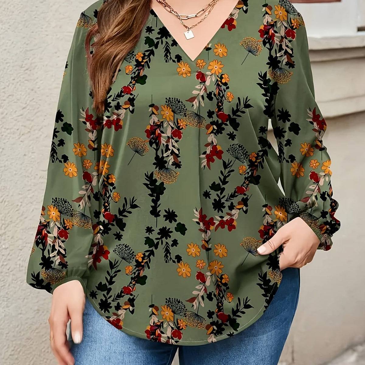 jkthpu-45 Army Green / UK 18 Plus Size, Women's Plus Size Elegant V-Neck Long