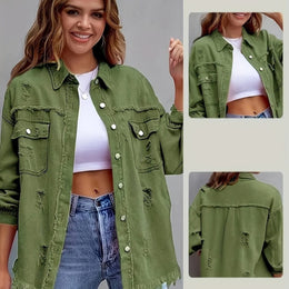 jkthpu-45 Army Green / UK 22 Chic PlusSize Distressed Denim Jacket Effortless Style