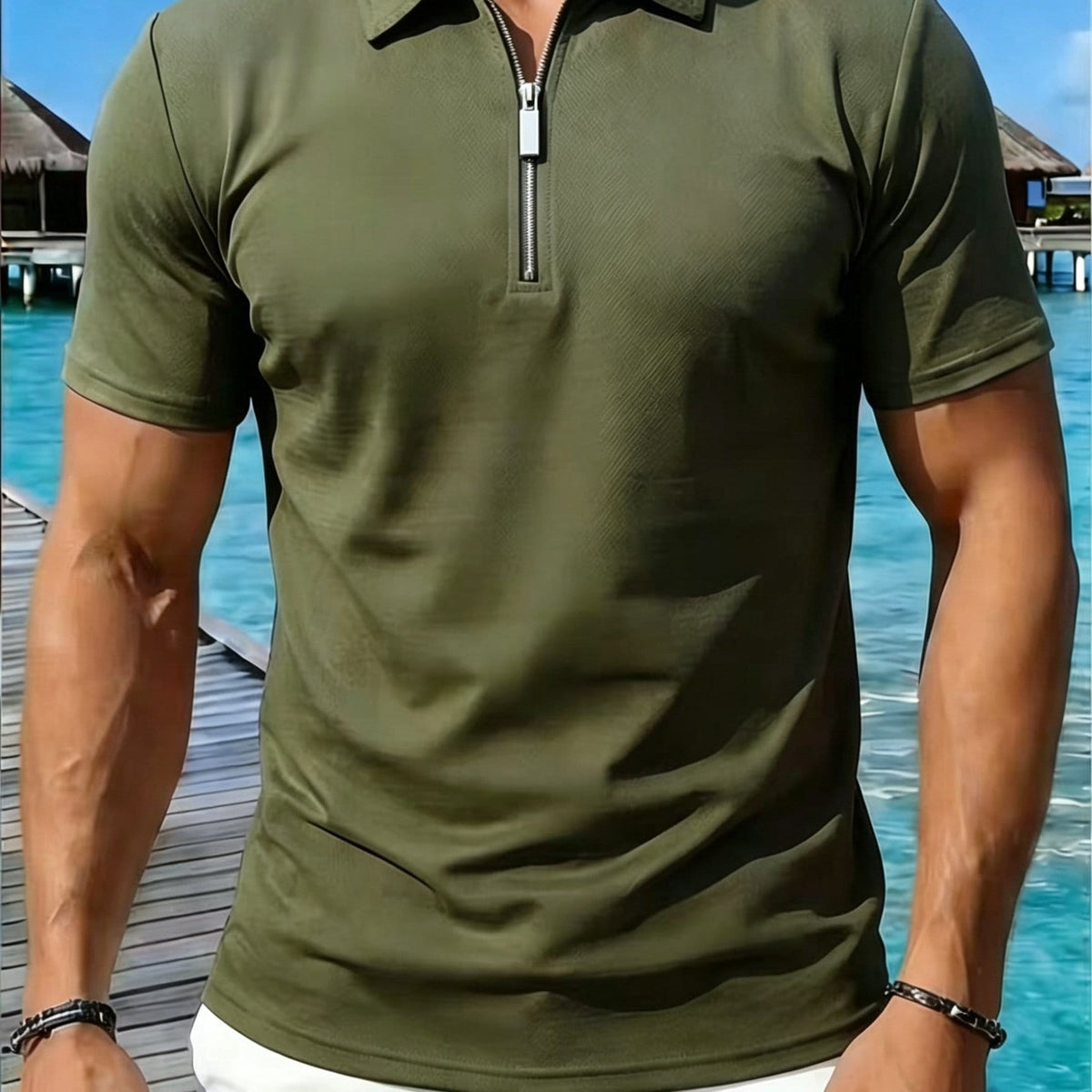 KissICON Army Green / UK 46-48 Mens Ice Silky Metal Lapel Polo Breathable Summer Casual Comfort