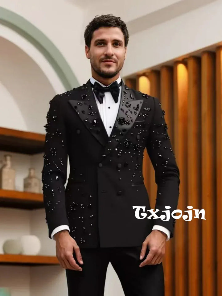 Black Opulent Crystal Men's Suit 2 Pieces Wedding Groom Sets Plus Size Man Slim Fit Suits Set Party Prom Wear Elegant Tuxedo