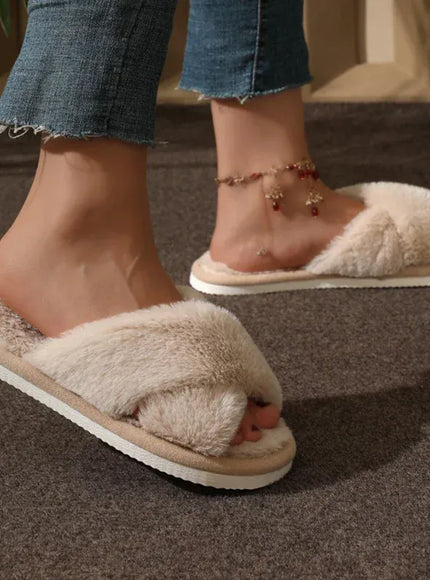 KissICON Autumn New Fashion Cross Strap Fur Slippers Women
