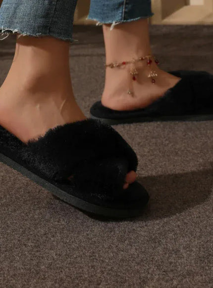 KissICON Autumn New Fashion Cross Strap Fur Slippers Women