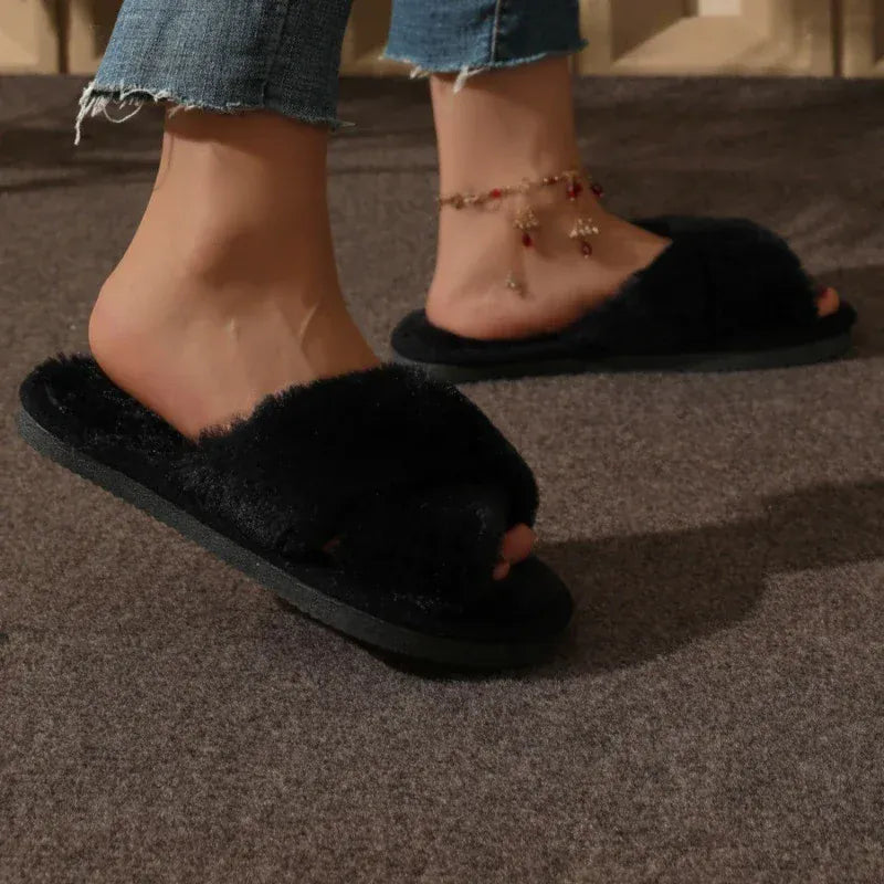 KissICON Autumn New Fashion Cross Strap Fur Slippers Women