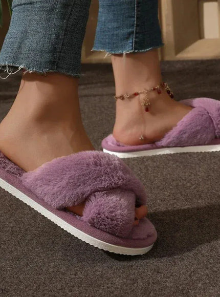 KissICON Autumn New Fashion Cross Strap Fur Slippers Women
