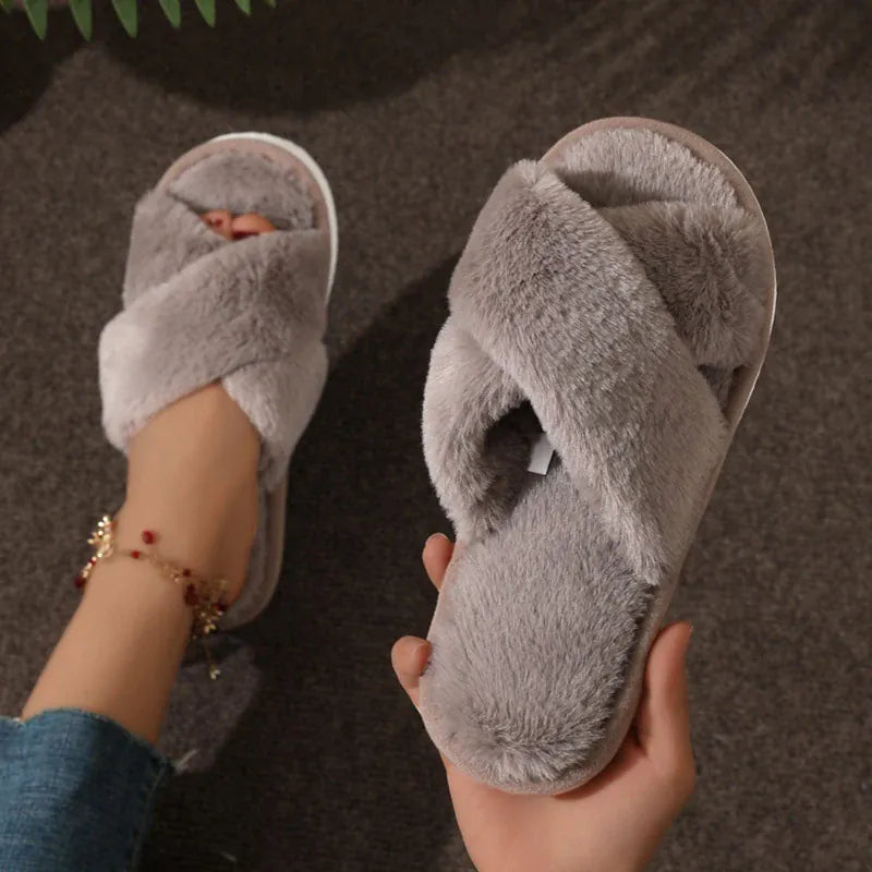 KissICON Autumn New Fashion Cross Strap Fur Slippers Women