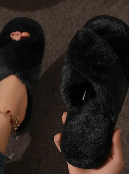 KissICON Autumn New Fashion Cross Strap Fur Slippers Women