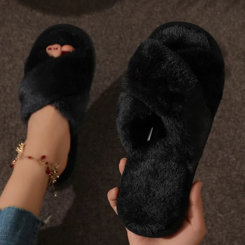 KissICON Autumn New Fashion Cross Strap Fur Slippers Women