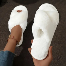 KissICON Autumn New Fashion Cross Strap Fur Slippers Women