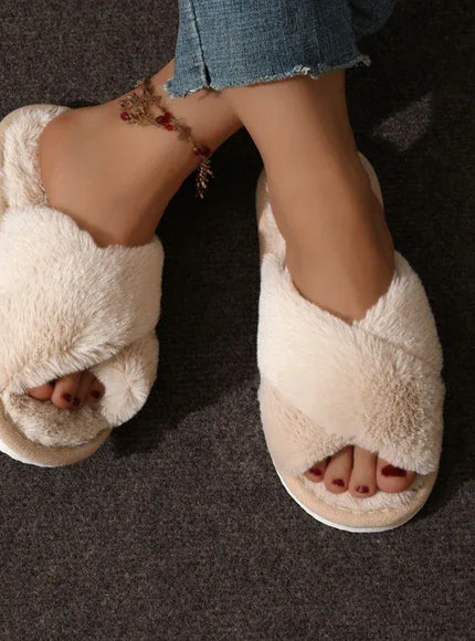 KissICON Autumn New Fashion Cross Strap Fur Slippers Women