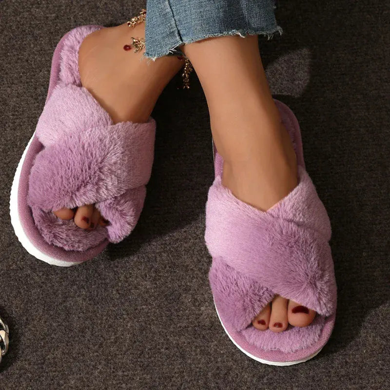 KissICON Autumn New Fashion Cross Strap Fur Slippers Women