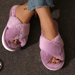 KissICON Autumn New Fashion Cross Strap Fur Slippers Women