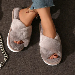 KissICON Autumn New Fashion Cross Strap Fur Slippers Women
