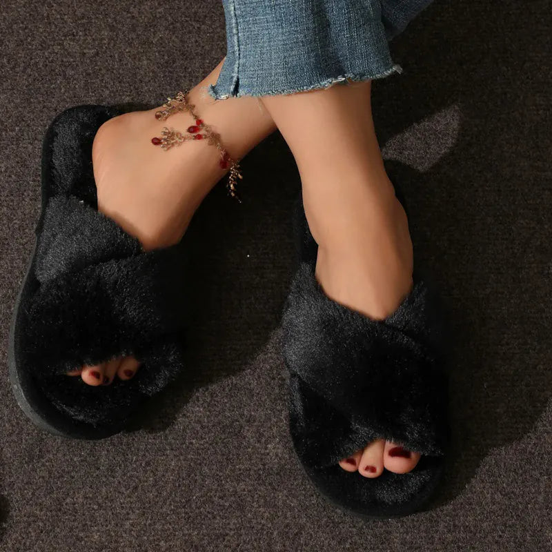 KissICON Autumn New Fashion Cross Strap Fur Slippers Women