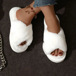 KissICON Autumn New Fashion Cross Strap Fur Slippers Women