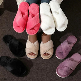 KissICON Autumn New Fashion Cross Strap Fur Slippers Women