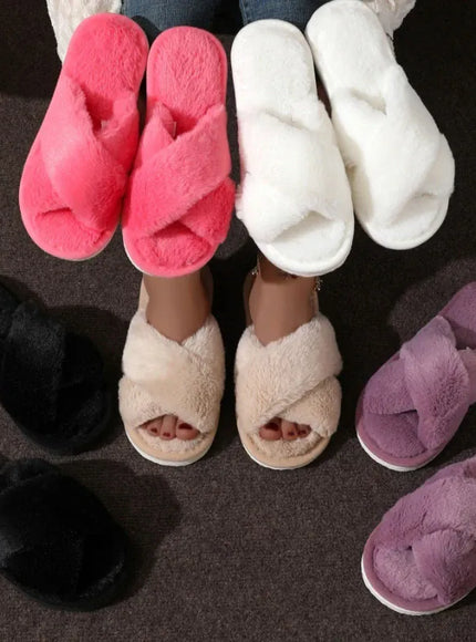 KissICON Autumn New Fashion Cross Strap Fur Slippers Women
