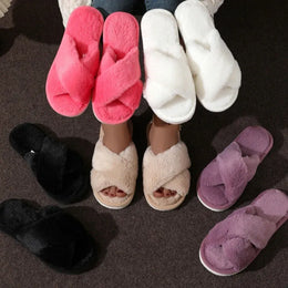 KissICON Autumn New Fashion Cross Strap Fur Slippers Women