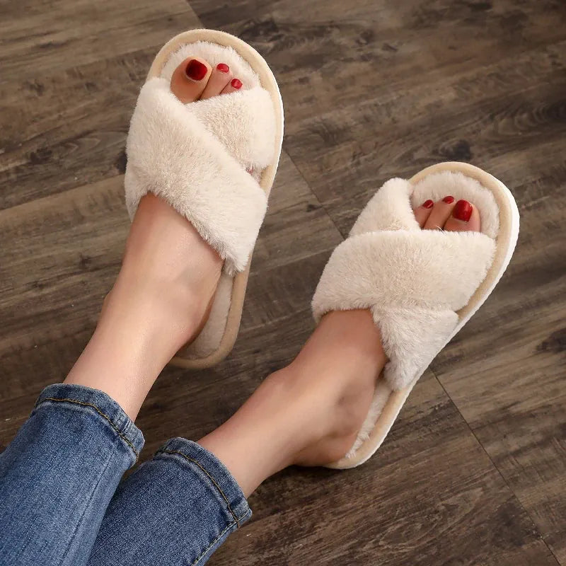 KissICON Autumn New Fashion Cross Strap Fur Slippers Women