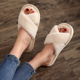 KissICON Autumn New Fashion Cross Strap Fur Slippers Women