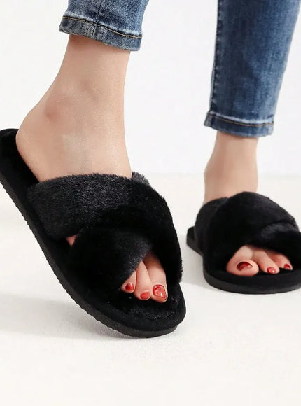 KissICON Autumn New Fashion Cross Strap Fur Slippers Women